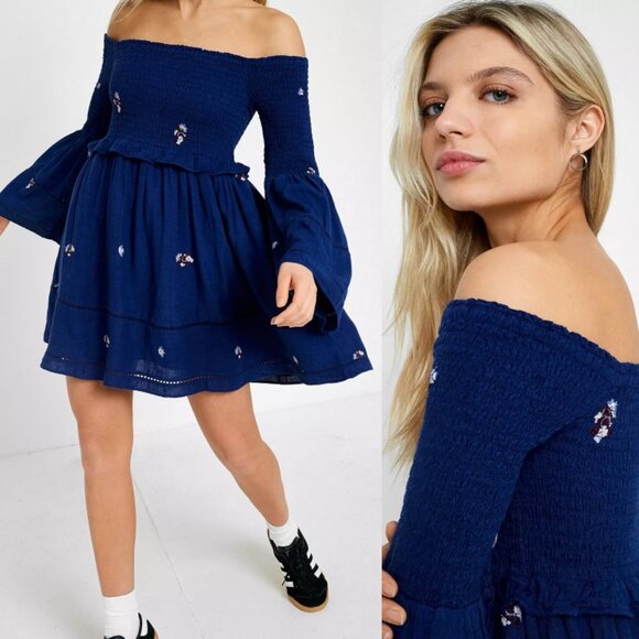 Free People Blue Flare Sleeve Off Shoulder Dress Size XS Counting Daises Boho - Picture 16 of 16